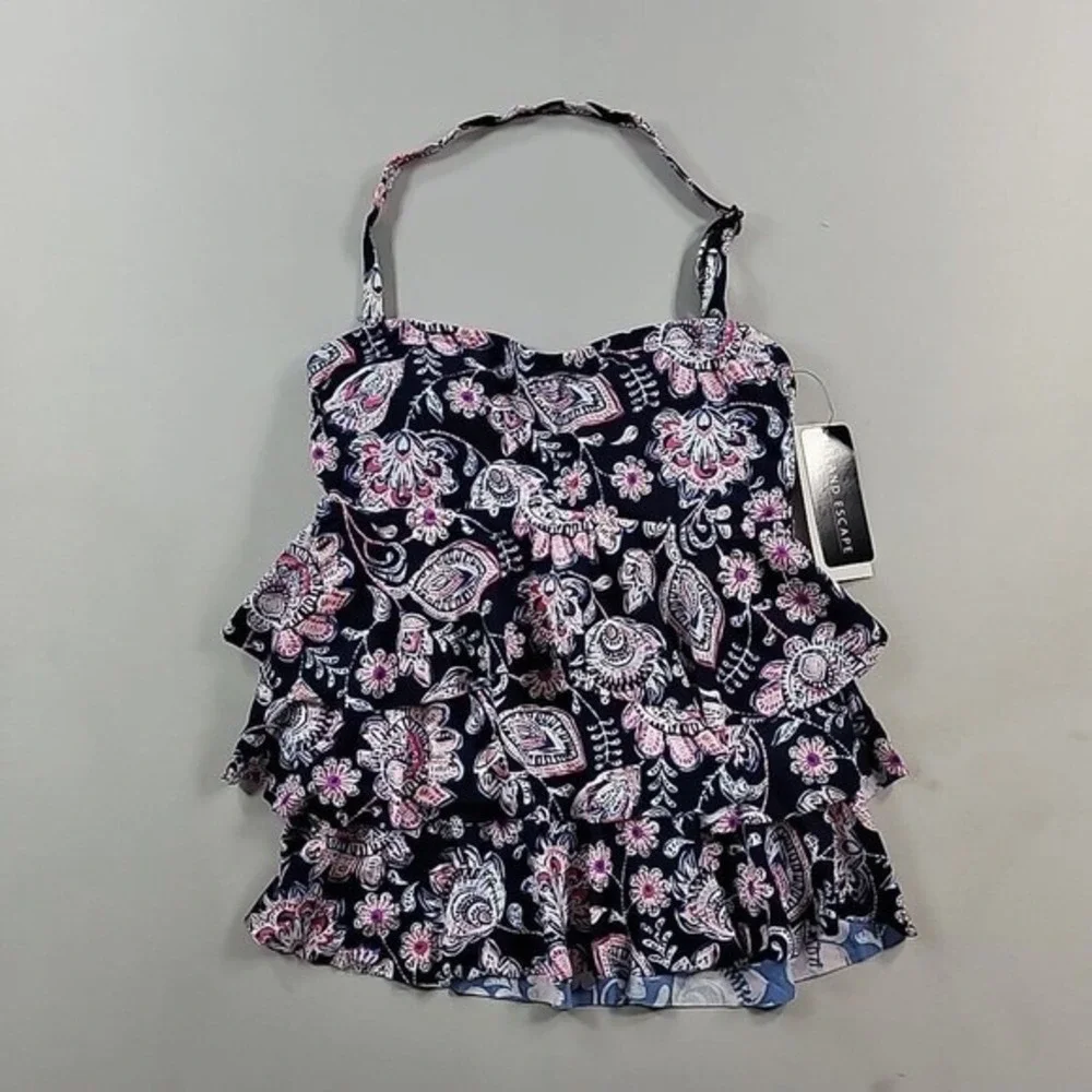 ISLAND ESCAPE Bandini Swimsuit‎ Top Womens 8 Navy Floral Stretch Remove Cups NEW
